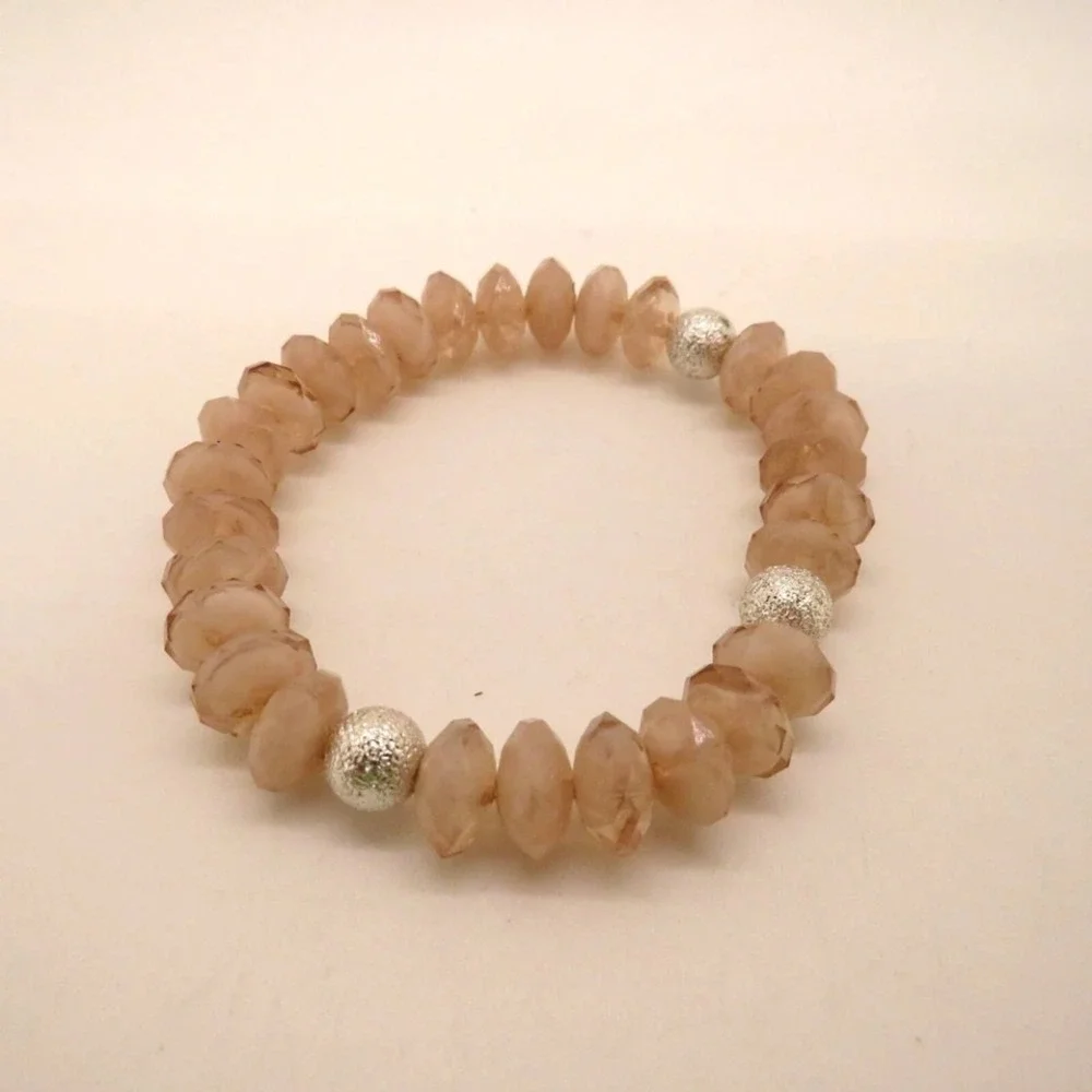 Beaded Stretch Bracelet‎ Faceted Light Pink Peach Silver Tone Beads